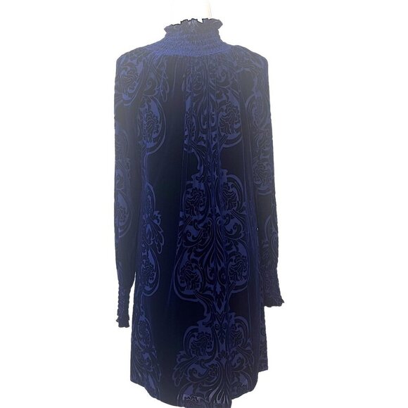 Alexa Admor Blue Velvet Burn Out Pattern Dress Long Sleeve High Neck Size Large - Picture 5 of 9